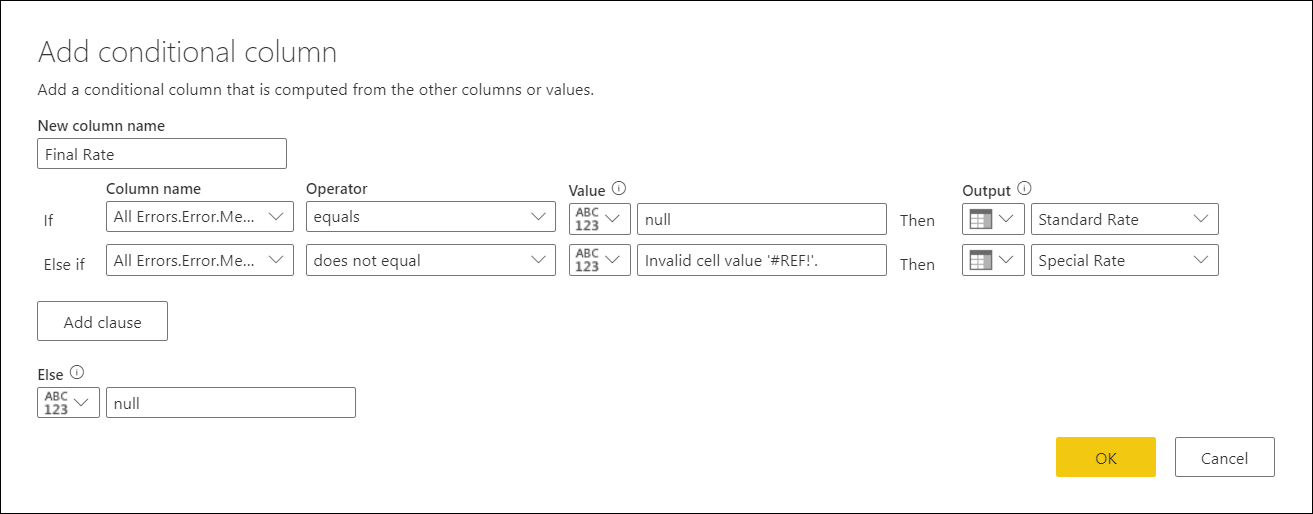 Captura de tela da caixa de diálogo Adicionar coluna condicional com todas as condições de erro definidas para a nova coluna.