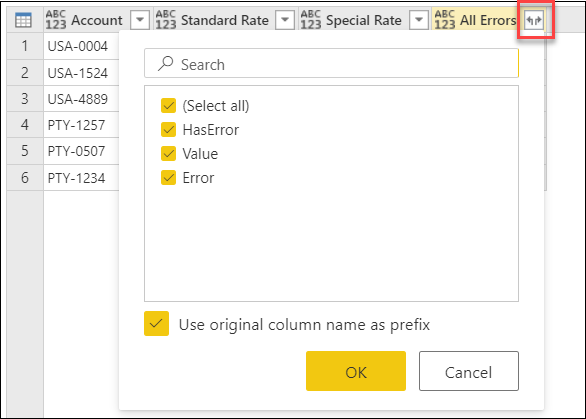 Captura de tela da coluna Todos os Erros com o ícone de expansão enfatizado e as caixas HasError, Value e Error selecionadas.