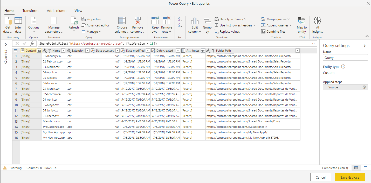 Visualização da tabela dos arquivos no site do SharePoint após selecionar o botão Transformar dados.