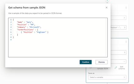 Captura de tela mostrando 'Obter esquema do json de exemplo'.