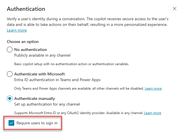 Captura de tela do painel de autenticação mostrando a opção Exigir que o usuário faça login.
