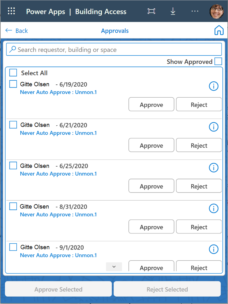 Captura de tela da tela de aprovações do aplicativo Building Access.