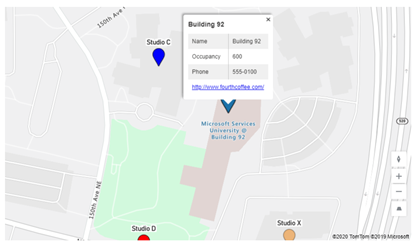 Uma captura de tela de um marcador de mapa selecionado em um aplicativo de tela, com um cartão de informações que mostra os dados de nome, ocupação e telefone do local.