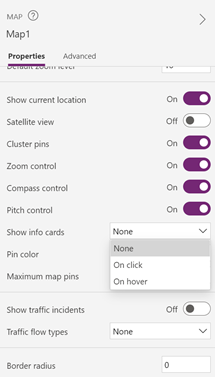 Uma captura de tela do painel Propriedades de um controle Mapa com a propriedade Mostrar cartões de informações aberta para mostrar as opções Ao clicar e Ao passar o mouse.