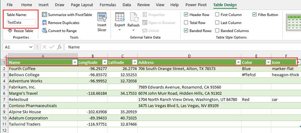 Arquivo do Excel de exemplo com uma tabela chamada TestData e contendo as colunas Nome, Longitude e Latitude
