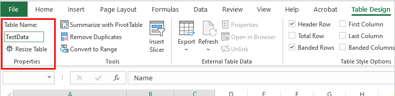 Captura de tela realçando o nome da tabela no Excel.