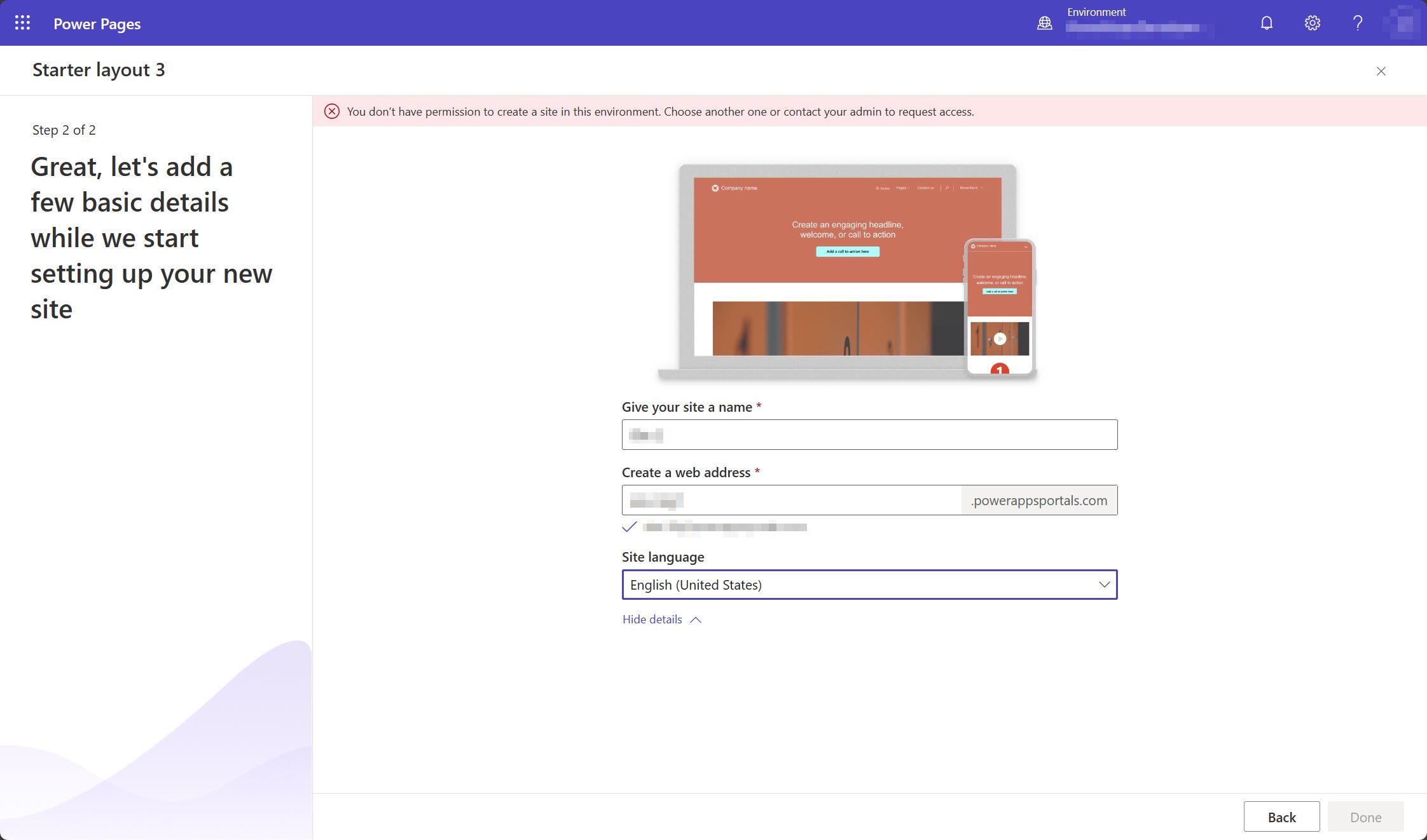 Captura de tela do estúdio de design do Power Pages exibindo uma mensagem indicando que o usuário não tem permissão para criar um site no ambiente selecionado.