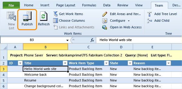 Publicar itens de trabalho do Excel para TFS