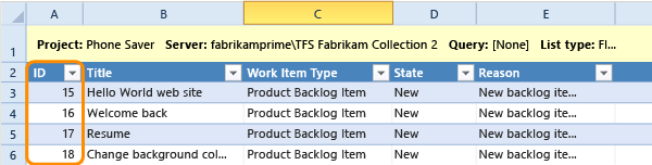 IDs de itens de trabalho publicado mostram no Excel