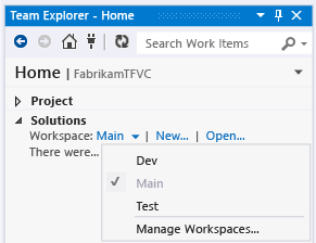 Alternar espaços de trabalho da página inicial do Team Explorer