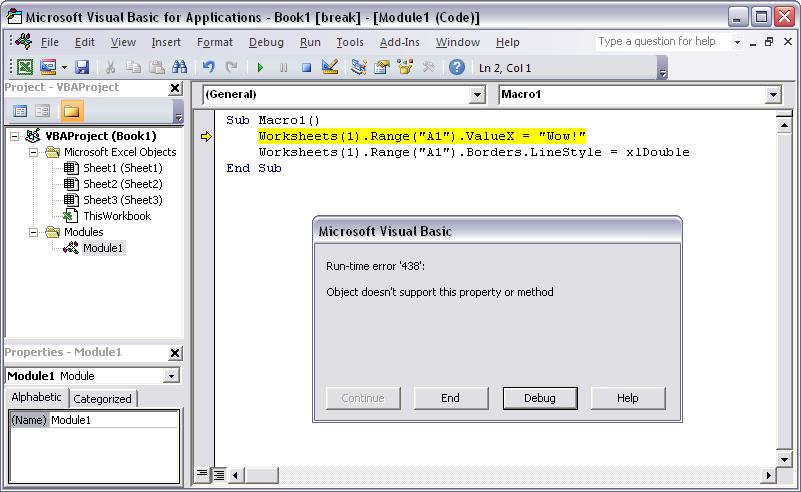 Visual Basic debugger at work