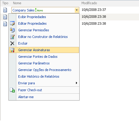 Comandos de menu para itens de servidor de relatório