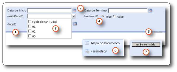 Parâmetros na barra de ferramentas do visualizador de relatório