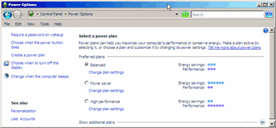 Figura 1 Opções de Energia no Windows Server 2008 beta 3