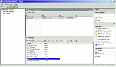 Figura 2 Controles do console de gerenciamento do Exchange para o agente de ID de Remetente no Exchange Server 2007