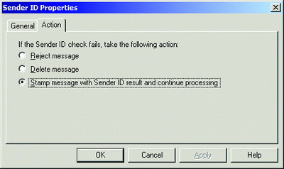 Figura 4 Propriedades da ação do agente de ID de Remetente no Exchange Server 2007