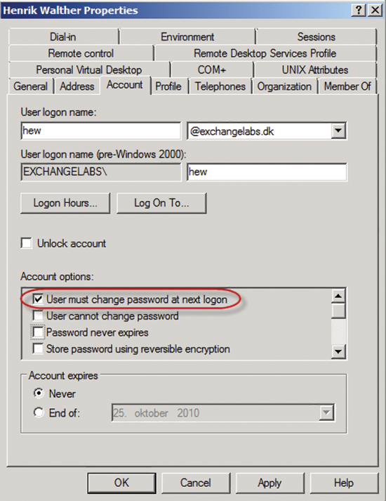 Figure 6 User must change password at next logon enabled