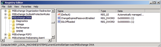 Figure 9 The registry key required to enable Change Password for OWA