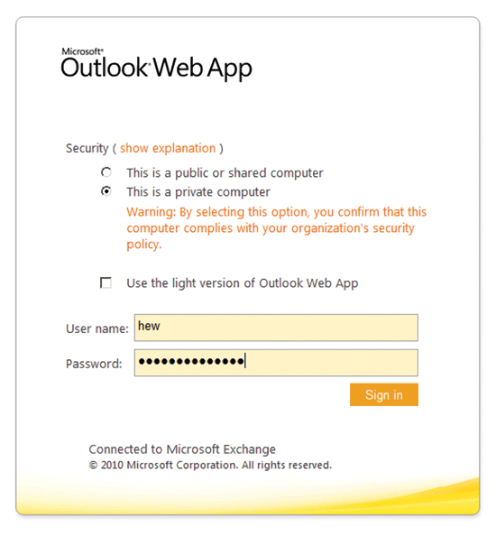 Figure 7 The Outlook Web App 2010 forms-based authentication logon page