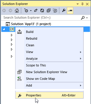 Propriedades do Visual Studio Solution Explorer