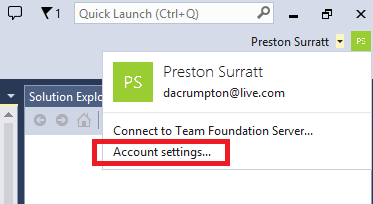 Menu do Visual Studio configurações da conta
