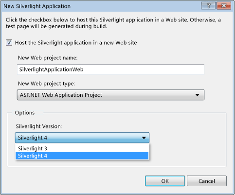 New Silverlight Application dialog box