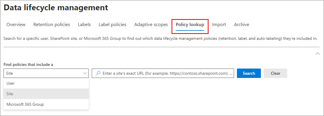 Pesquisa de política para encontrar as políticas de retenção atribuídas a usuários, sites e grupos específicos do Microsoft 365 