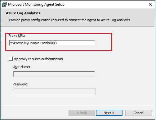 A janela de Instalação do Microsoft Monitoring Agent, que mostra que o URL do Proxy está preenchido com as informações do servidor proxy.