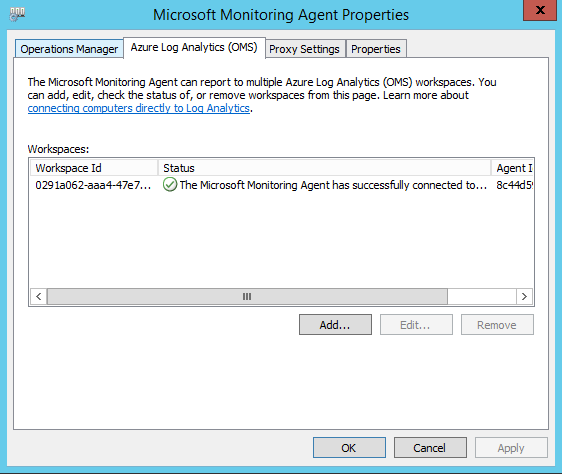 Status: o Microsoft Monitoring Agent se conectou com êxito.