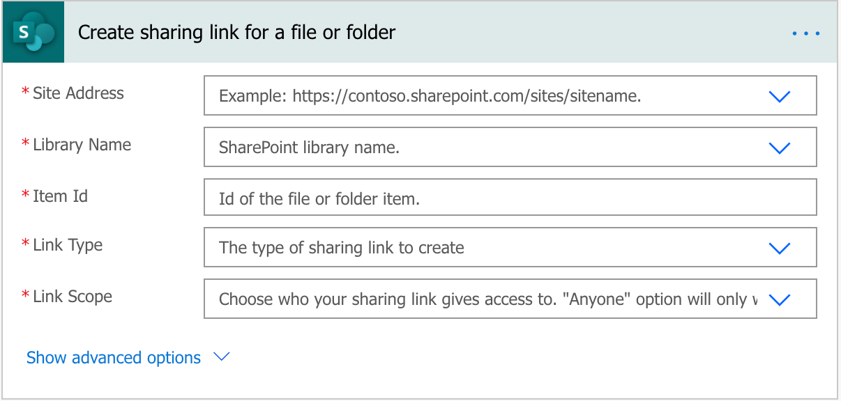 Criar link de compartilhamento para uma ação de fluxo de arquivo ou pasta