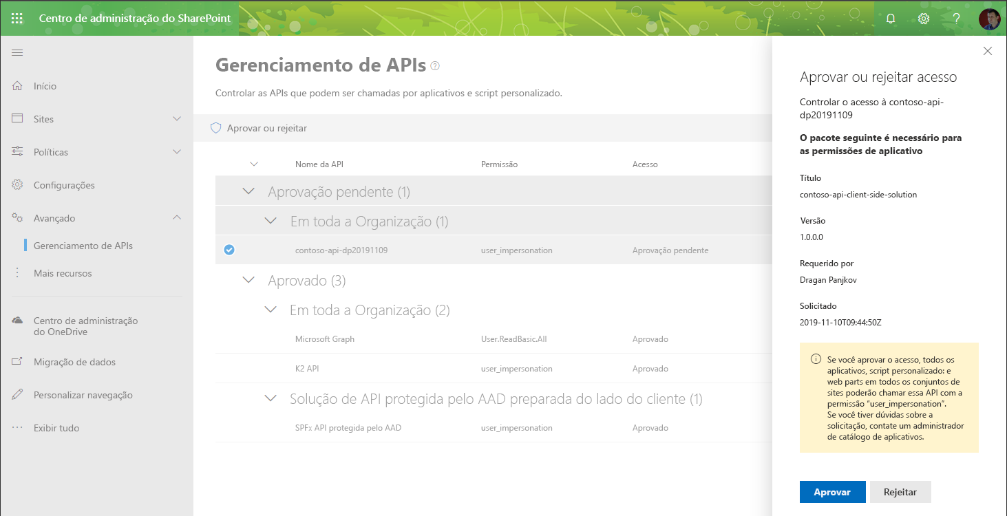 Captura de tela da página de gerenciamento de WebApiPermission durante o processo de aprovação