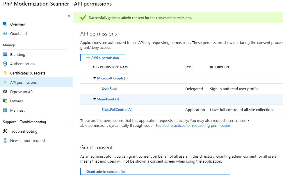 concedendo permissões de API ao aplicativo de anúncios do Azure