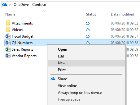 Captura de tela do menu com o botão direito do mouse do OneDrive, com opções para 