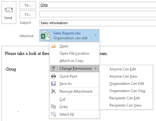 Captura de tela do Outlook com um anexo moderno e o menu com o botão direito do mouse mostrando as opções de permissões.