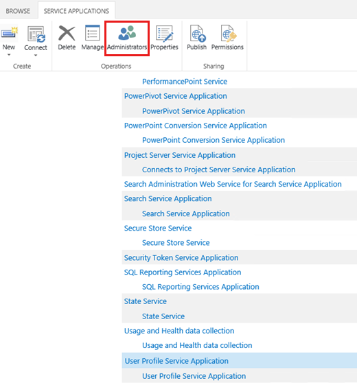 Captura de tela para selecionar a opção Administradores na guia Aplicativos de Serviço.