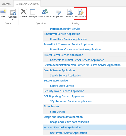 Captura de tela para selecionar a opção Permissões na guia Aplicativos de Serviço.