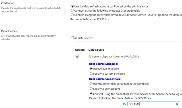 Captura de tela da página de configuração de agendamento quando a terceira opção em Credenciais de Fonte de Dados é selecionada.