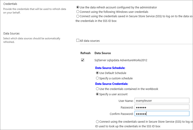 Captura de tela da página de configuração de agendamento quando a segunda opção em Credenciais de Fonte de Dados é selecionada.