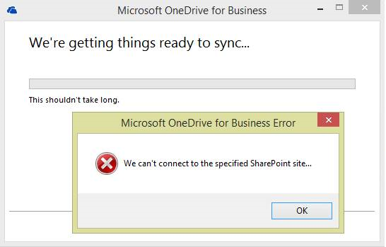 Captura de tela da caixa de diálogo de mensagem de erro de sincronização OneDrive for Business.