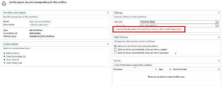 Captura de tela que mostra a opção de desmarcar a opção de atualização automática na página Configurações do fluxo de trabalho.