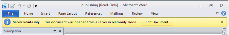 Captura de tela da barra somente leitura do servidor na faixa de opções de Word 2010.