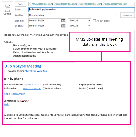 Captura de tela que mostra o bloco de reunião que é atualizado pelo MMS.