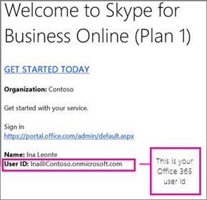 Um exemplo do email de boas-vindas que você recebeu depois de se inscrever no Skype for Business Online. Ele contém sua ID de usuário do Microsoft 365 ou Office 365.