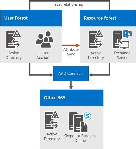 Mostra duas florestas do AD, uma floresta de usuário e uma floresta de recursos. As duas florestas têm uma relação de confiança. Eles são sincronizados com o Microsoft 365 ou Office 365 usando Microsoft Entra Connect. Todos os usuários estão habilitados para Skype for Business por meio do Microsoft 365 ou Office 365.
