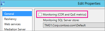 Captura de tela da caixa de diálogo Editar propriedades que mostra a caixa de seleção Monitoramento.