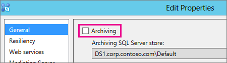 Captura de tela da caixa de seleção Arquivamento na caixa de diálogo Editar propriedades.