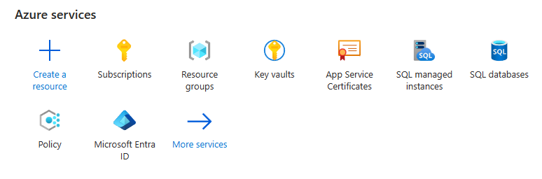 Captura de tela do painel serviços do Azure.