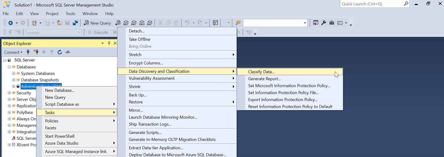 Captura de tela que mostra o Pesquisador de Objetos do SSMS com Tarefas > Descoberta de Dados e Classificação > Classificar Dados... selecionado.