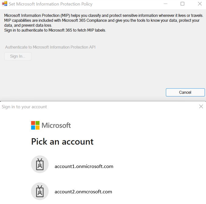 Captura de tela de autenticação para definir a Política de Proteção de Informações da Microsoft