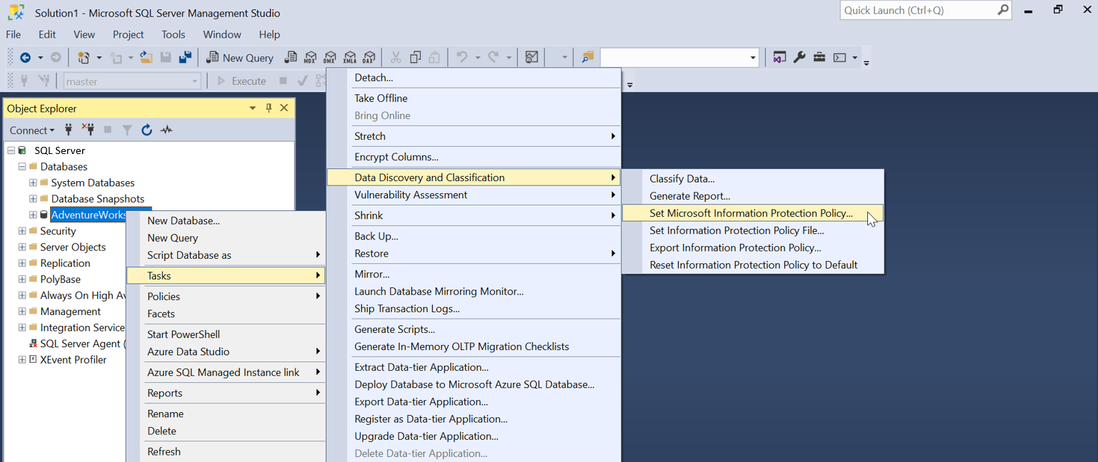 Captura de tela para definir política de Proteção de Informações da Microsoft no SSMS